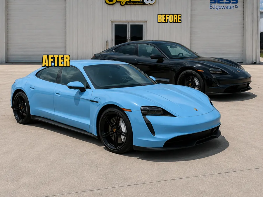 Color change wrap in our Orlando shop — black to sky blue
